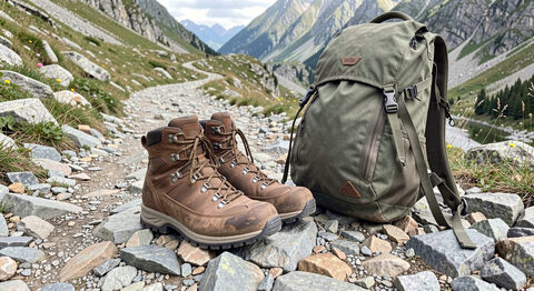 Skórzane buty trekkingowe na skalistym szlaku z plecakiem w tle