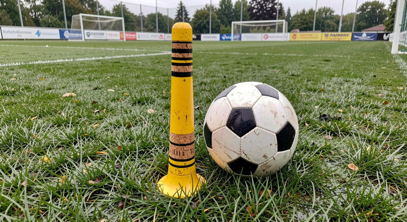 Korki piłkarskie z widocznymi korkami stojące na mokrej zielonej trawie obok piłki na boisku.